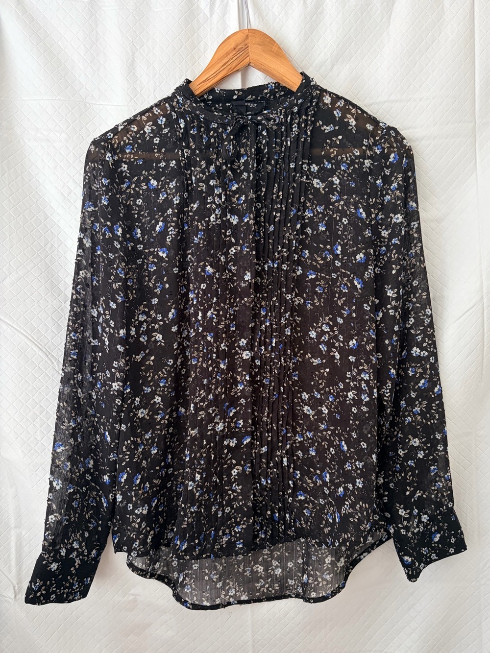 Black Sheer Floral Tie-Neck Blouse